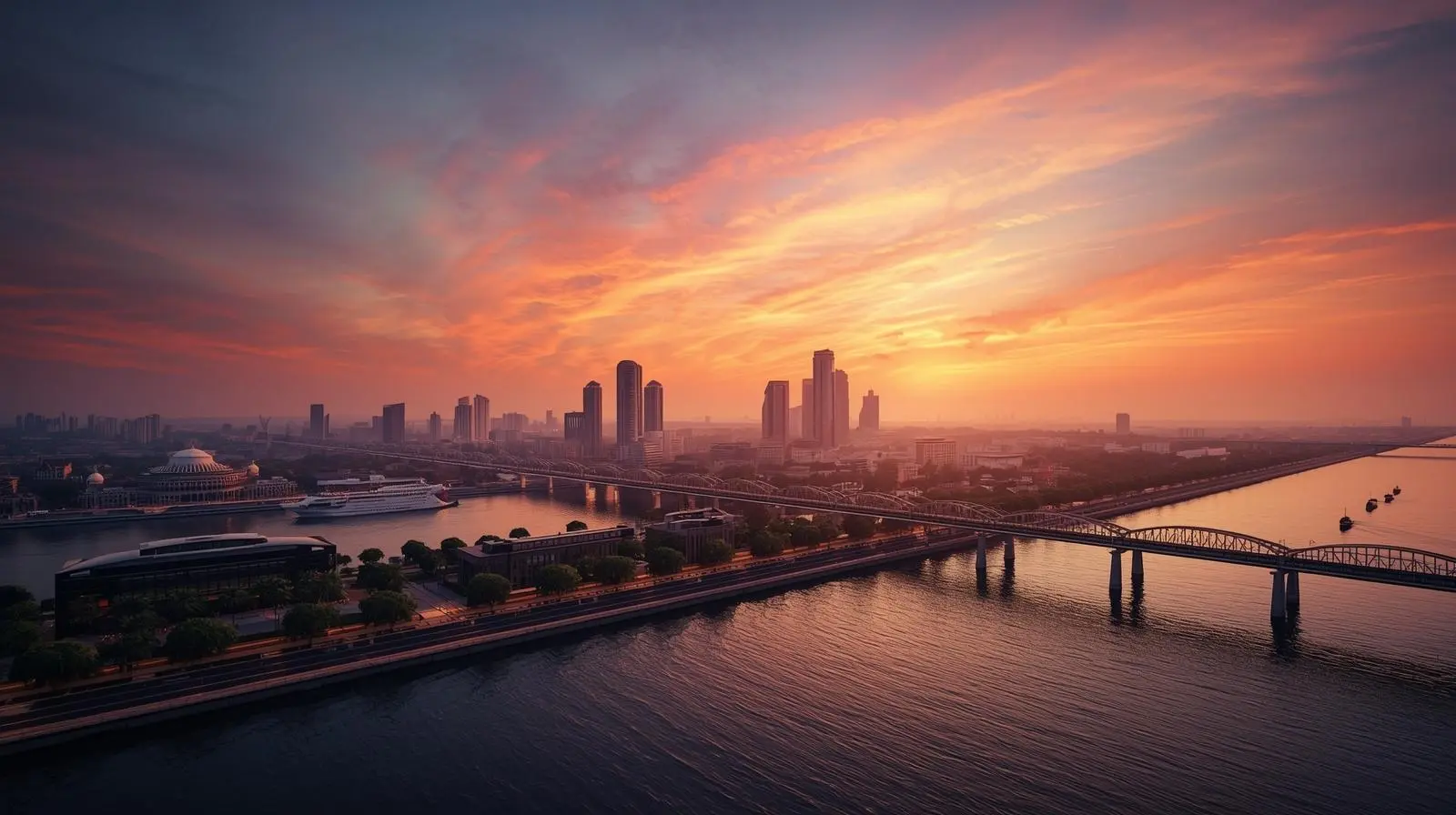 A Modern Ahmedabad Skyline Including Sabarmati Riverfront And The Iconic Atal Foot Overbridge At Sunset, Transitioning From Shadows To Bright Light — Symbolizing Businesses Moving From Distress To Financial Freedo